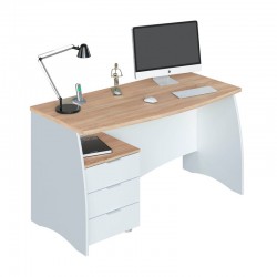 Mesa de escritorio blanca y roble 3 cajones + 1 hueco 136x67x74cm