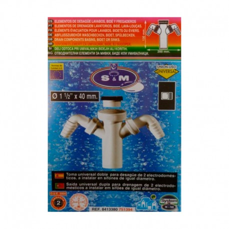 Toma universal doble para desagüe de 2 electrodomésticos 1 1/2"x40mm
