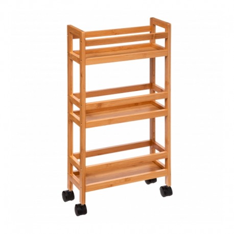 Carrito con ruedas estrecho de madera de bambú con 3 estantes