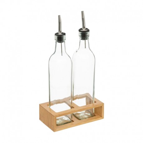 Set de aceitera y vinagrera de cristal en soporte de bambú