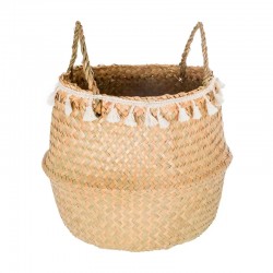Cesta plegable de junco con pompones de algodón 27x31cm