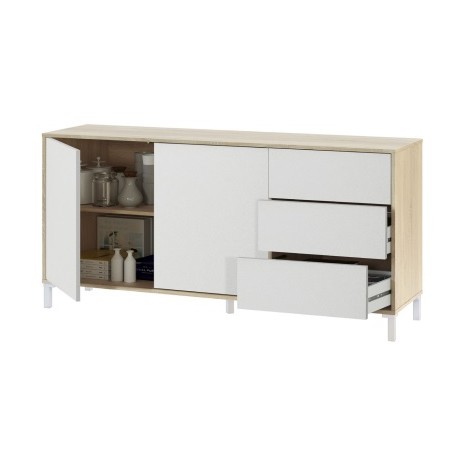 Aparador de 2 puertas 3 cajones de melamina blanco/roble Urban Plus