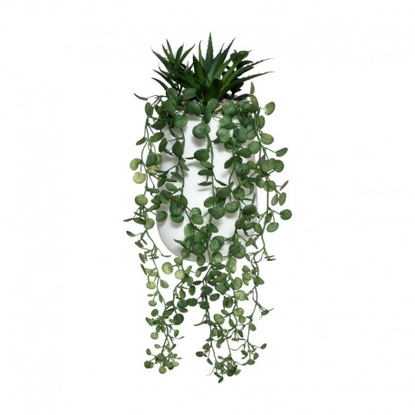 Planta colgante artificial con piedras en maceta de cemento