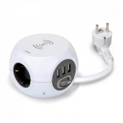 Base multiple cubo de 3 tomas schuko + 3 tomas USB + carga inalámbrica