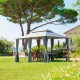 Pérgola de acero con cortinas grises 3x4m