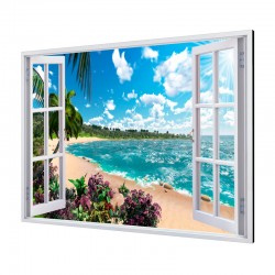 Cuadro alto brillo ventana con vistas al mar 120x80cm