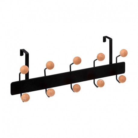 Perchero de metal negro con 10 ganchos de madera para puerta 44x17x11cm