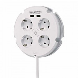 Base múltiple redonda 4 tomas Schuko + 2 USB 2,5A 1,5m