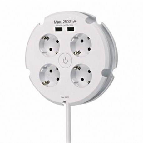Base múltiple redonda 4 tomas Schuko + 2 USB 2,5A 1,5m