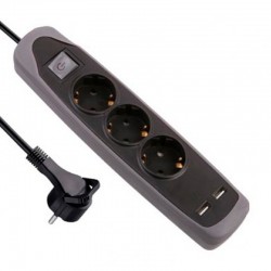 Base múltiple 3 tomas Schuko + 2 USB negra/gris cable 2m