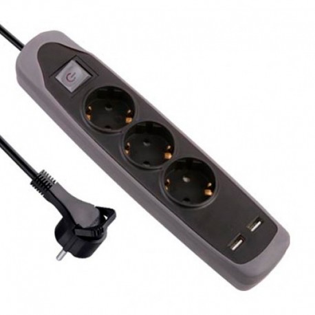 Base múltiple 3 tomas Schuko + 2 USB negra/gris cable 2m