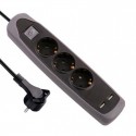 Base múltiple 3 tomas Schuko + 2 USB negra/gris cable 2m