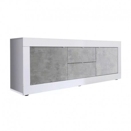 Mueble de TV con 2 puertas y 2 cajones blanco brillo/cemento