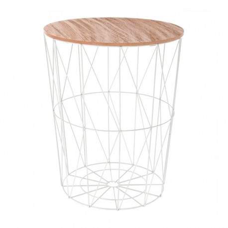 Mesa redonda auxiliar de metal/madera blanca 47x57cm