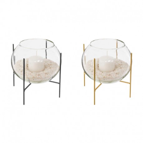 Portavelas de cristal con arena con soporte metálico 12x12x13cm