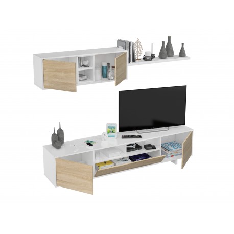 Mueble salón blanco y roble 200x46x41cm