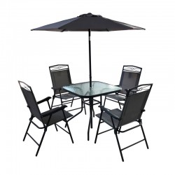 Set mesa + 4 sillas + sombrilla acero
