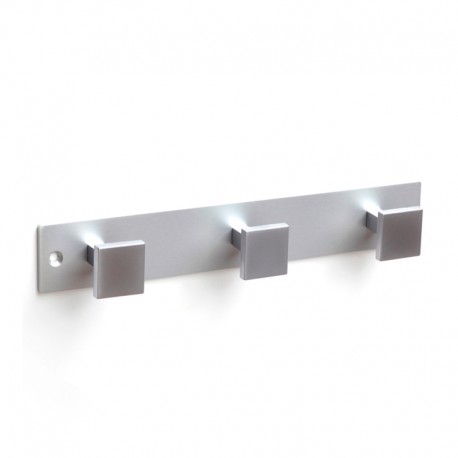 Percha adhesiva cuadrada cromo mate con 3 ganchos