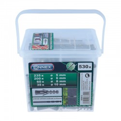 Set cubo de tacos 5x25-6x30-8x40-10x50mm + 4 brocas 5-6-8-10mm 530uds. Conmetall