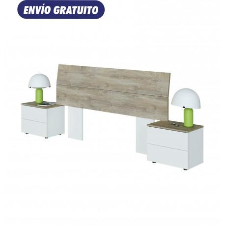 Cabecero + 2 mesitas blanco y roble alaska 256x34x97cm