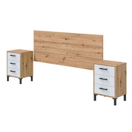Cabecero + 2 mesitas roble nodi y blanco 240x33x101cm