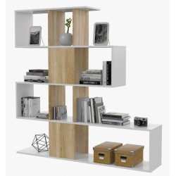 Estantería zig-zag de melamina blanca/roble 4 estantes Elfos