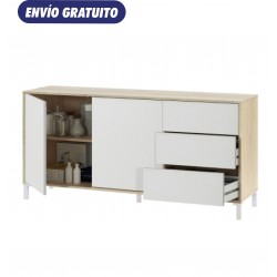 Aparador de 2 puertas 3 cajones de melamina blanco/roble Urban Plus