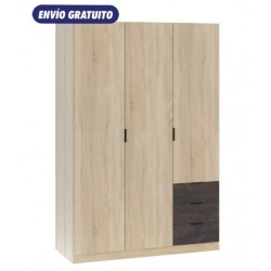 Armario 3 puertas y 3 cajones roble 121x52x180cm