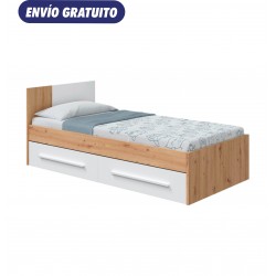 Cama juvenil con 2 cajones y cabecero en roble nodi y blanco artik Noa