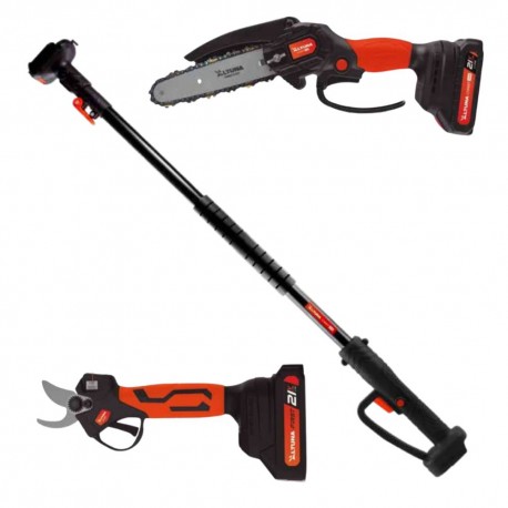 Kit tijera de poda + motosierra + pértiga con 2 baterías