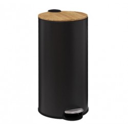 Cubo de basura 30L metal negro con tapa bambu