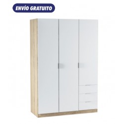 Armario 3 puertas 3 cajones roble y blanco 121x52x180cm